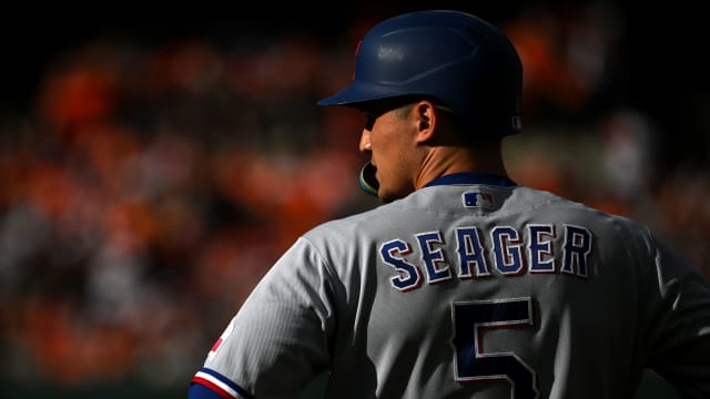 Oct 8, 2023; Baltimore, Maryland, USA; Texas Rangers shortstop Corey Seager (5) waits on first base during the first inning at bat during game two of the ALDS for the 2023 MLB playoffs at Oriole Park at Camden Yards. Mandatory Credit: Tommy Gilligan-USA TODAY Sports  